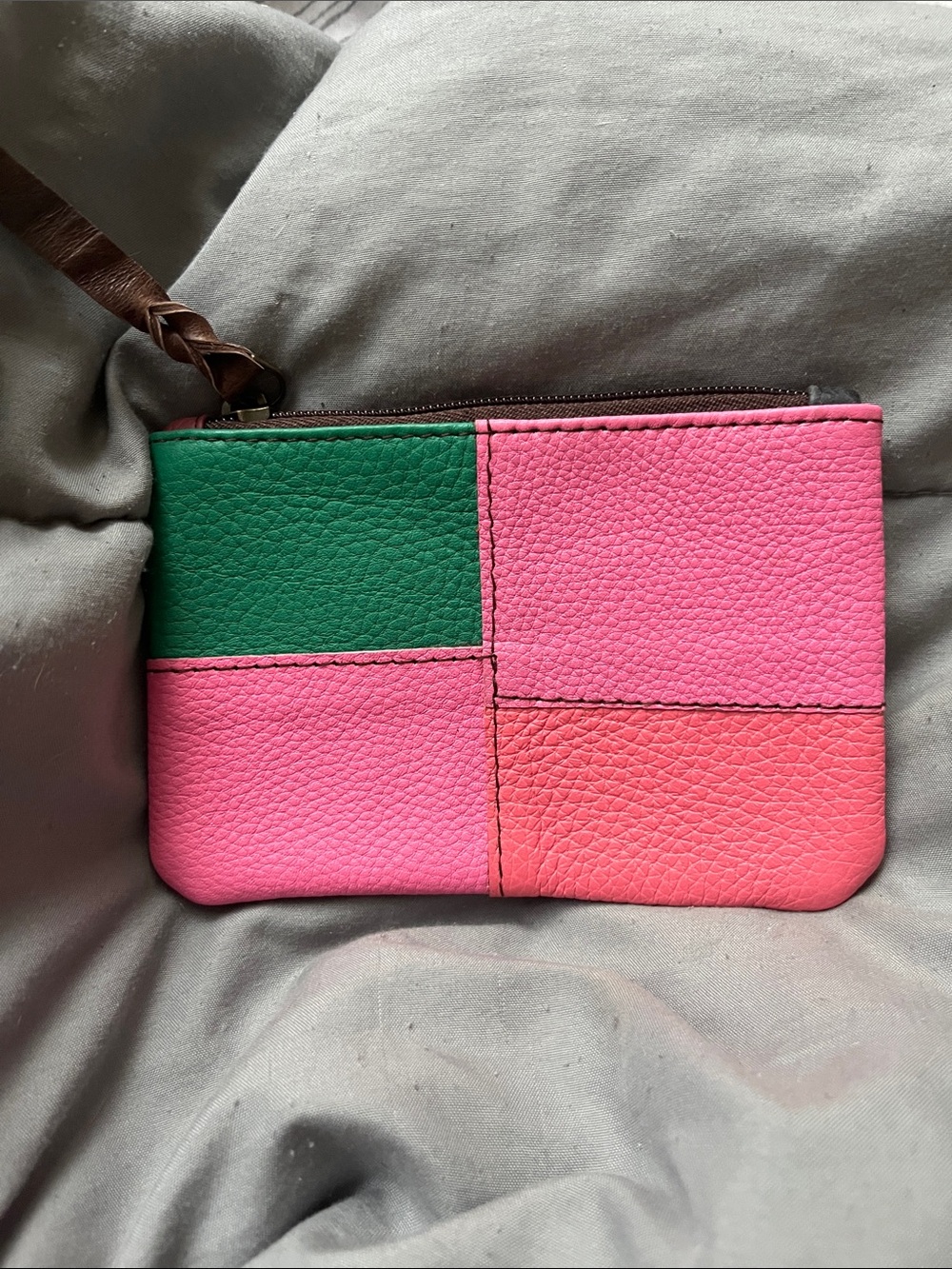 Colorblock Pink & Green Leather Zipper Pouch